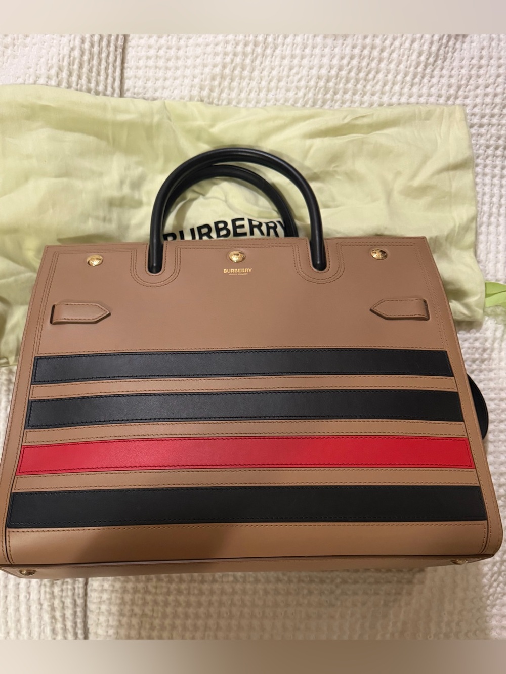 Burberry Leather Banner Tote Stripe Black Red Medium Bag Authentic